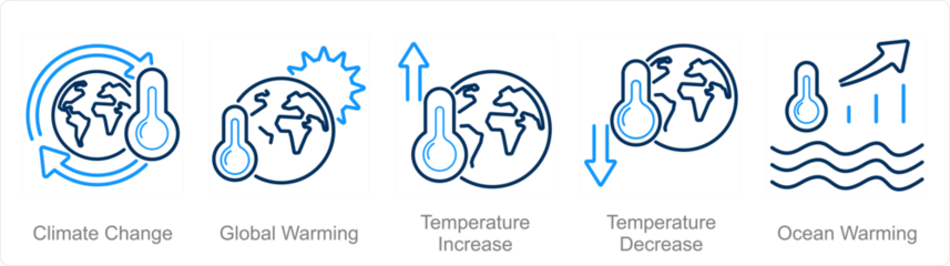 Fotobehang A set of 5 climate change icons as climate change, global warming, temperature increase © popcornarts