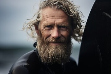 Portrait of a senior man with wet hair and beard wearing a wetsuit - Powered by Adobe
