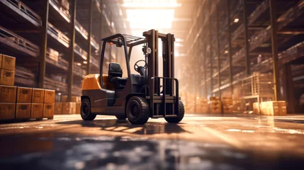 Foto op Canvas A modern forklift for working in a warehouse, loading, unloading and transporting goods. Logistics warehouse. © Anoo