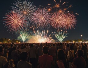 Obraz premium Crowd watching fireworks, a lot of people watch New Year Celebra