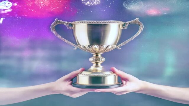 Lifting the trophy with a sports background, plain and elegant with a cool sparkling effect, great for business, sports, competitions, wins, champions etc. Generative Ai image