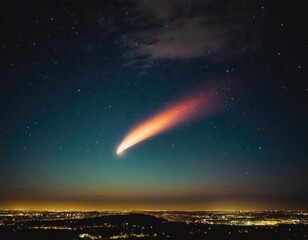 A comet flying in the sky at night, cinematic, city view