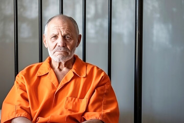 middle Caucasian prisoner in aged orange uniform behind metal bars, looking at camera. Criminal serves term of imprisonment in prison cell. Inmate stands behind bars in jail or detention center - obrazy, fototapety, plakaty
