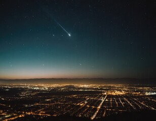 A comet flying in the sky at night, cinematic, city view