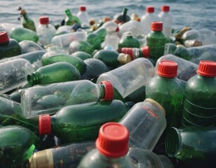 Plastic water bottles pollution on ocean shore