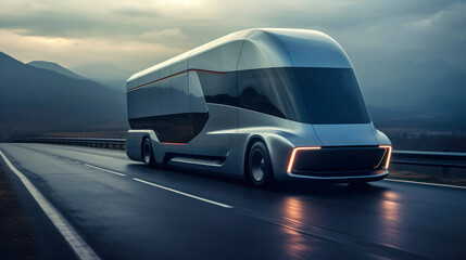 Obraz premium Futuristic semi-trailer on the highway, highway. sunrise or sunset. The electric truck carries out international cargo transportation. Deserted highway with a truck.