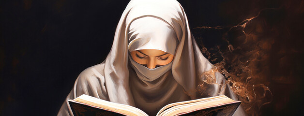 A young Muslim girl reads the Koran. Woman's prayer. Faith in God. Holy book.
