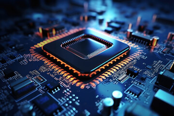 A powerful computer processor or chip on a motherboard. Modern technologies. Blue background. Development of computer technologies.