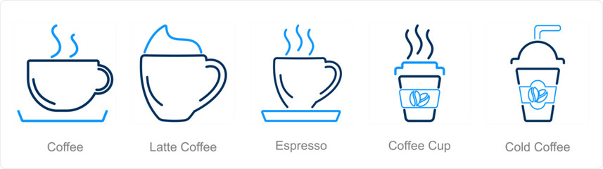 A set of 5 Coffee icons as coffee, latte coffee, espresso
