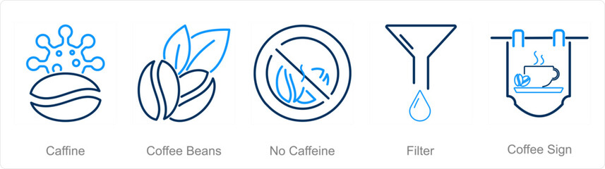 A set of 5 Coffee icons as caffiene, coffee beans, no caffiene