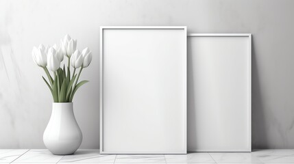 a white picture frame next to a vase of flowers - obrazy, fototapety, plakaty
