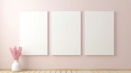 Foto op Plexiglas a three white rectangular objects on a pink wall © Stocarp