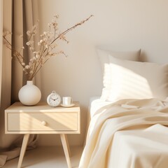 a white bed with a white vase and a clock on a nightstand