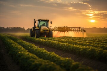 Tractor spraying soybean field in sunset at farm. Generative AI
