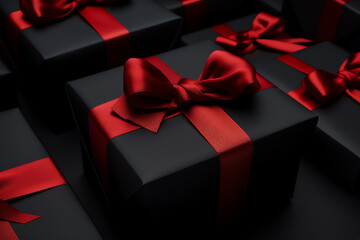 a group of black boxes with red ribbons - Powered by Adobe