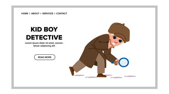 child kid boy detective vector. glass cute, spy magnifying, hat funny child kid boy detective web flat cartoon illustration