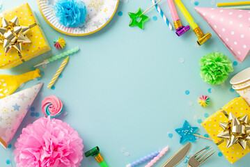 Lively festive display inspiration. Flat lay top view photograph featuring colorfully decorated...