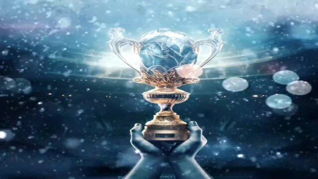 Lifting the trophy with a sports background, plain and elegant with a cool sparkling effect, great for business, sports, competitions, wins, champions etc. Generative Ai image