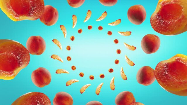 Flying Peach and Peaches slices in Blue Background