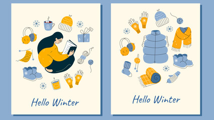 Hello winter doodle cards set. Cozy poster postcard design with woman reading a book and different warm clothes. Modern hand drawn style flat vector illustration.