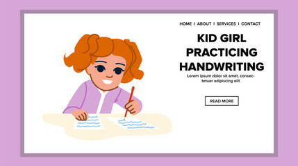 education kid girl practicing handwriting vector. school writing, kindergarten english, art book education kid girl practicing handwriting web flat cartoon illustration