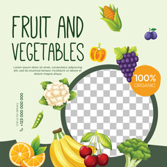Healthy vegetarian food and fruit flayer template