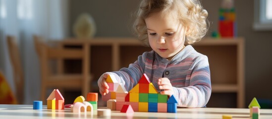 Preschooler engages in block puzzle play, fostering cognitive development, problem solving,...