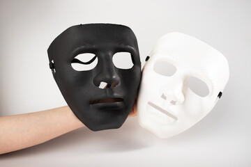 Theatre performance, black and white mask, emotions on stage, artistic expression