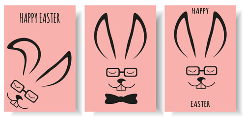 Set Easter greeting card design in trendy 2024 color. Peach fuzz Easter background collection with gentleman Bunny silhouette. Vector illustration can used web and social media print, poster and art