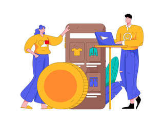 Holiday shopping people doing e-commerce online shopping flat vector concept operation hand drawn illustration
