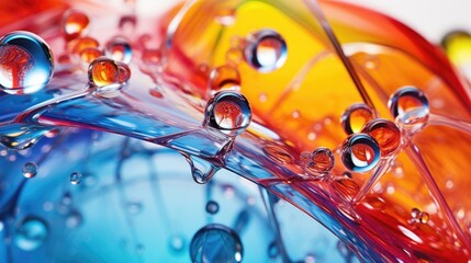 Close-up of colorful drops liquid bubbles molecules background.