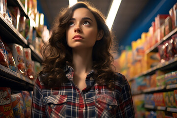 A Close-Up Portrait of a Thoughtful and Discerning Woman Standing in the Aisles of a Well-Stocked Grocery Store, Deliberating Between Two Different Brands of Cereal Consumer Choice