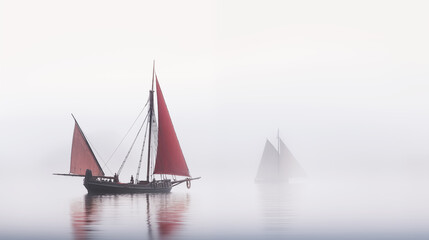 Fototapeta premium Sailing ships sailing in sea fog, hyper realistic peaceful landscape.