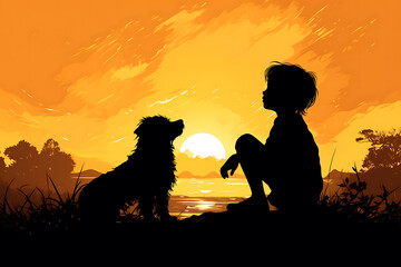 A Joyful Child and Loyal Dog Share a Moment of Playful Delight, Captured in Silhouette – A Timeless Bond of Joy and Companionship Harmony in Silhouette
