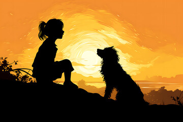 A Joyful Child and Loyal Dog Share a Moment of Playful Delight, Captured in Silhouette – A Timeless Bond of Joy and Companionship Harmony in Silhouette