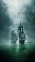 Fototapeta premium sailboats sail in the sea fog near the rocky coast