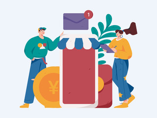 Holiday shopping people doing e-commerce online shopping flat vector concept operation hand drawn illustration
