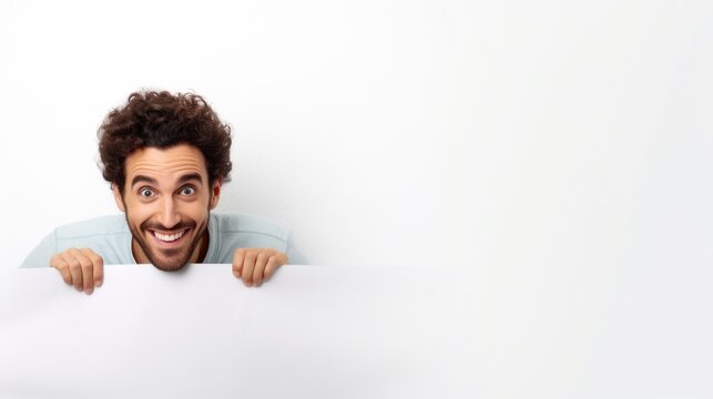 Man behide the white billboard and copy space background.