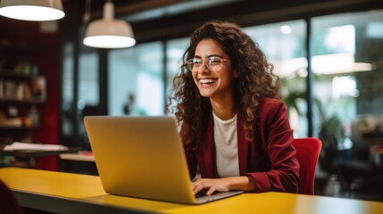 Woman smiling in office using laptop.
