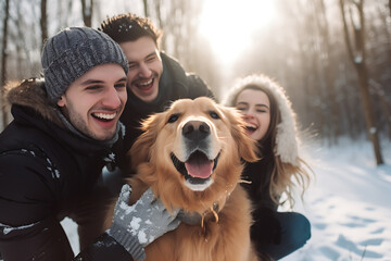 Close-Up Front View of a Happy Family Walking Their Pet Golden Retriever in the Winter Forest...