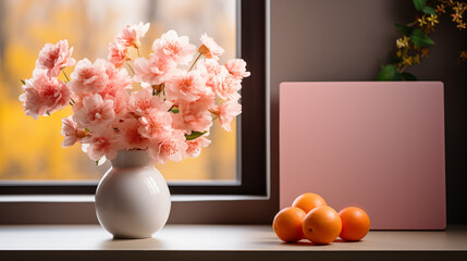 Flowers in a vase on the table and tangerines against the background of the window. Foreground. Copy space.