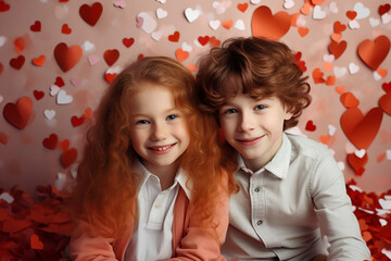 Valentine's Day, red-haired boy and girl with mysterious smiles on their faces. Atmosphere of joy and celebration