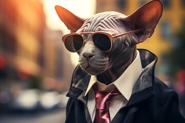 A Sphynx Cat Sporting Sunglasses, a Hat, and a Business Suit, Strolling Confidently in a Busy Street – Close-Up with Bokeh Background, Embracing the Purr-fect Blend of Style and Whiskered Charm - obrazy, fototapety, plakaty