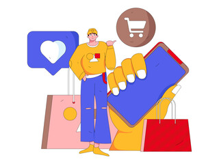 Holiday shopping people doing e-commerce online shopping flat vector concept operation hand drawn illustration
