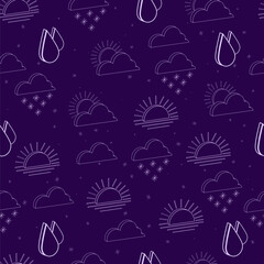 Seamless pattern of isolated contour 3d weather icons on a dark lilac background
