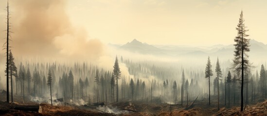 Post-fire smoky coniferous forest. - obrazy, fototapety, plakaty