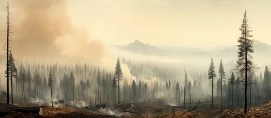 Foto op Canvas Post-fire smoky coniferous forest. © TheWaterMeloonProjec