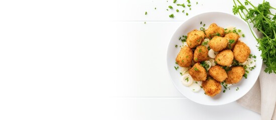 Panko chicken bites in white bowl on white table with parsley, cutlery, top view, empty space. - obrazy, fototapety, plakaty