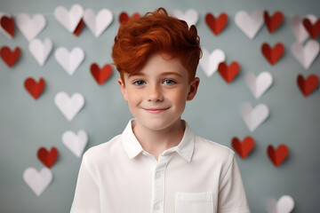 Valentine's Day, smiling red-haired boy on a background of red and white valentines. Atmosphere of...