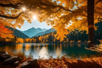 A sun-kissed autumnal haven by a mountain lake, where the play of light on the water's surface and the golden foliage is captured flawlessly .